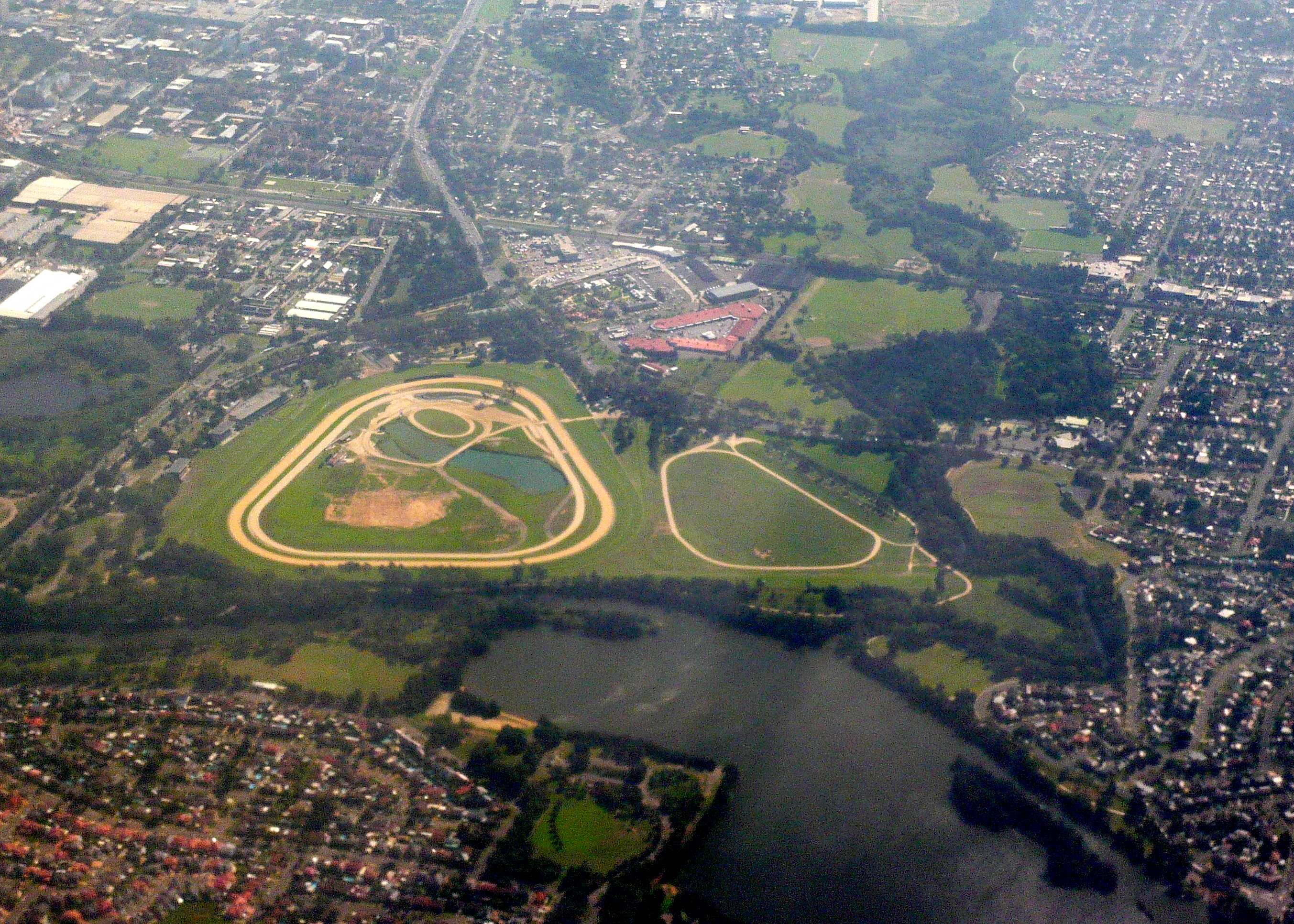 An aerial view of Warwick Farm Racecourse showing the horse racing course